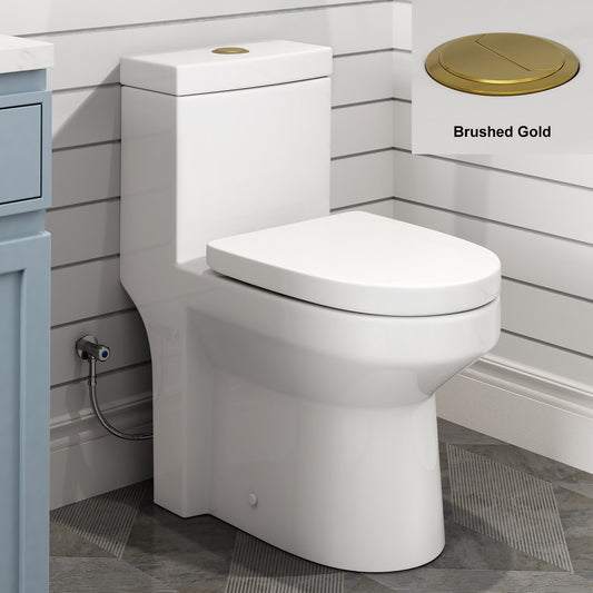 One-Piece 1.1/1.6 GPF Dual Flush Round Toilet in White, Seat Included, with Brushed Gold Button