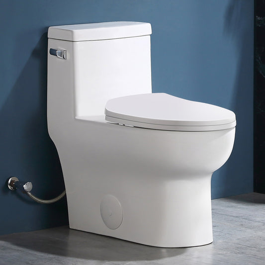 One-Piece 1.28 GPF Single Flush Elongated Toilet in White, Soft Close Seat Included